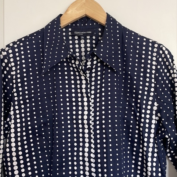 Jones New York Signature Women’s Geometric Polka Dots Blouse Navy/White L - Picture 2 of 7